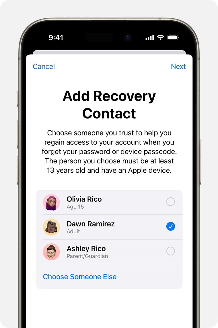 iPhone showing contacts you can add as a Recovery Contact