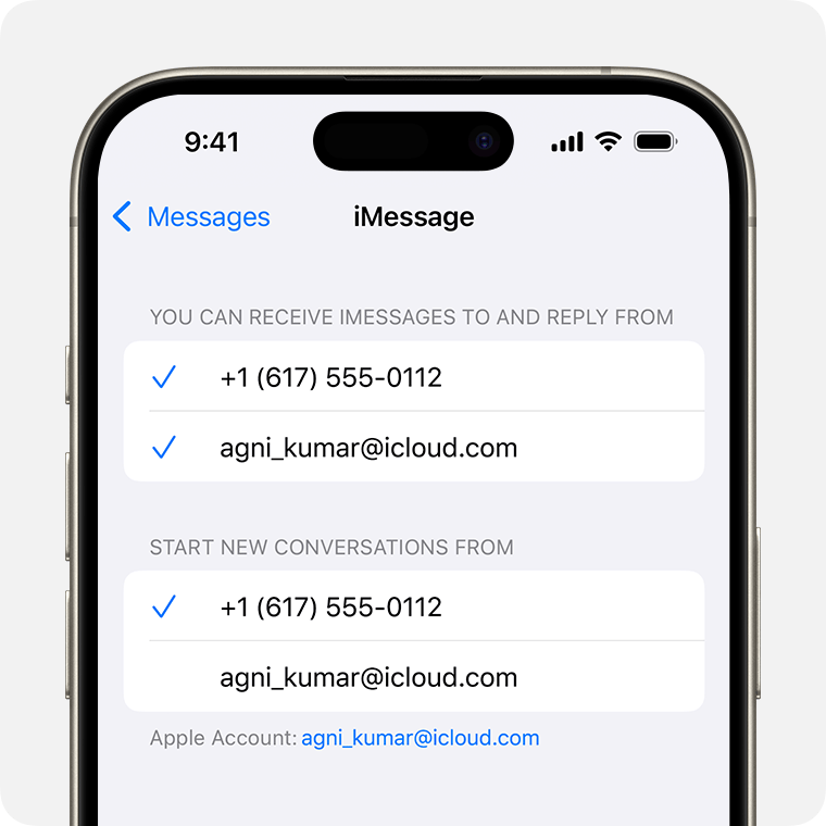 iPhone displaying the iMessage settings screen with options to select which phone number or email address you'd like to use to receive iMessages, reply to iMessages, and start new conversations.