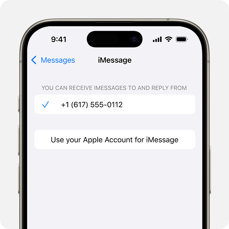 iPhone displaying the iMessage settings screen. At the bottom, there's a Use your Apple Account for iMessage button that you can tap to use your Apple Account to send and receive iMessages.