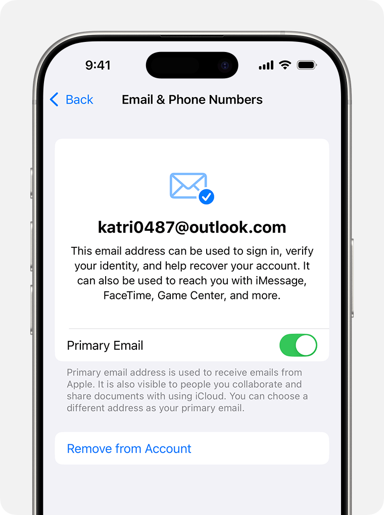 iPhone showing Apple Account settings and options for changing a primary email address