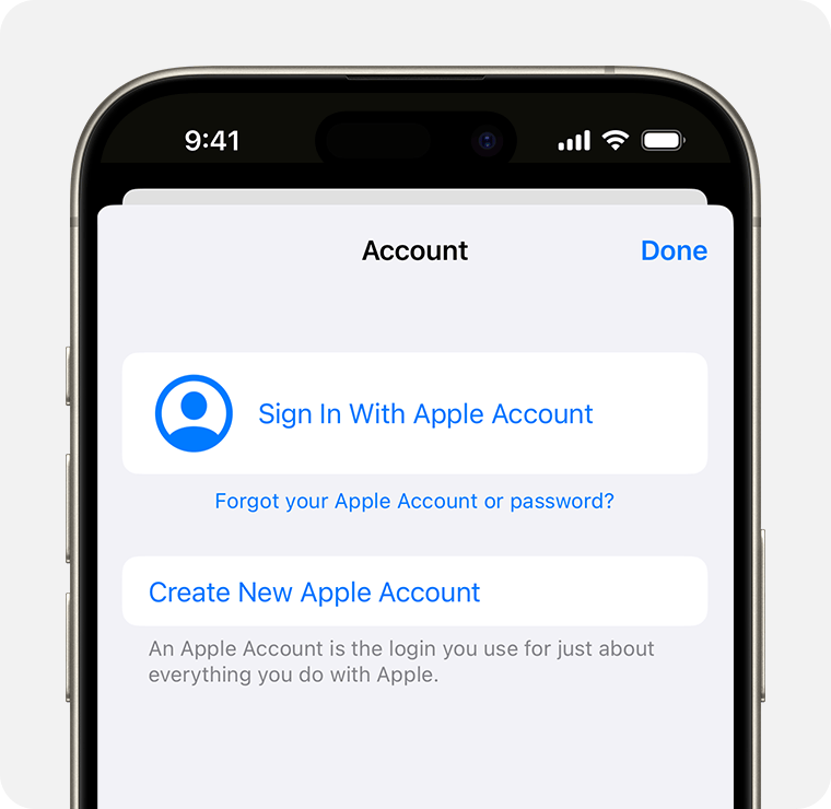 Schermata iPhone che mostra l'opzione per creare un nuovo Apple Account