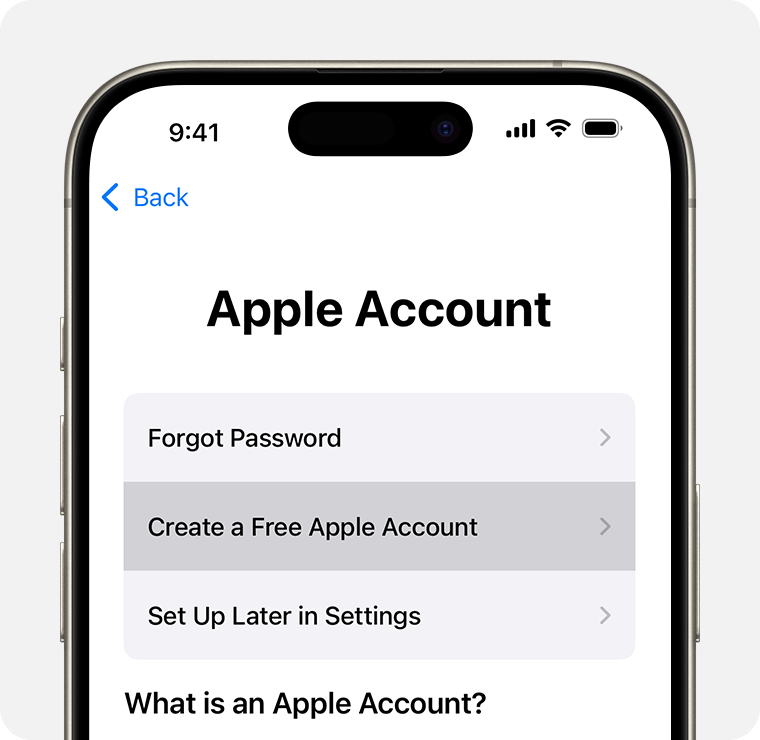 Schermata di iPhone che mostra l'opzione per selezionare Crea un Apple Account gratuito