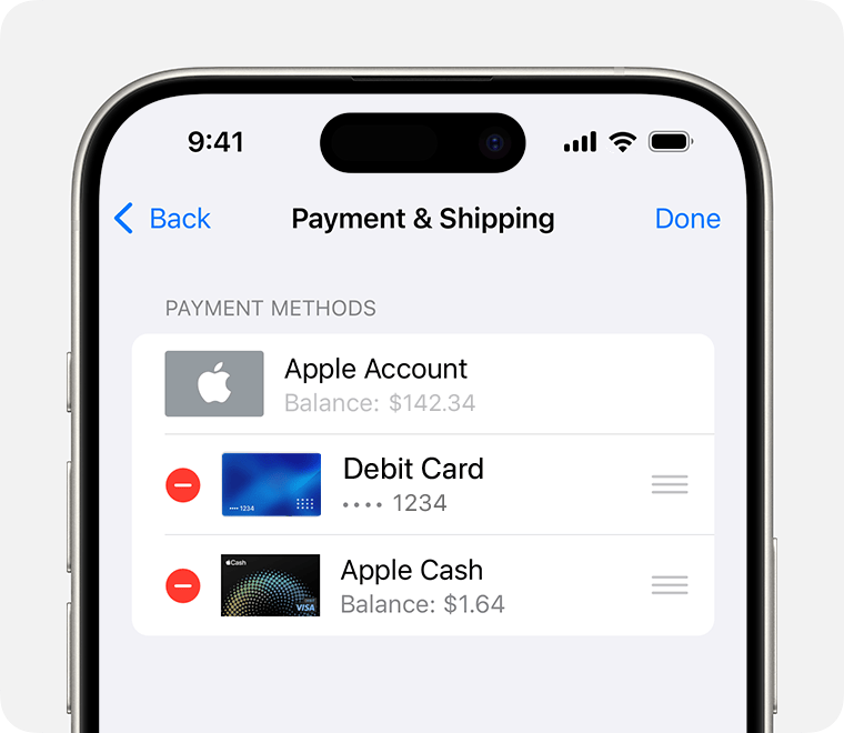 Un iPhone donde se muestra la configuración de Pago y envío. Para eliminar un método de pago, tócalo y luego toca Eliminar.