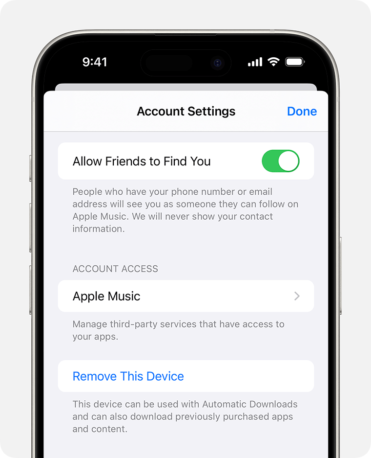 iPhone ierīce ar atvērtu sadaļu Account Settings (Konta iestatījumi) un opciju Remove This Device (Noņemt šo ierīci).