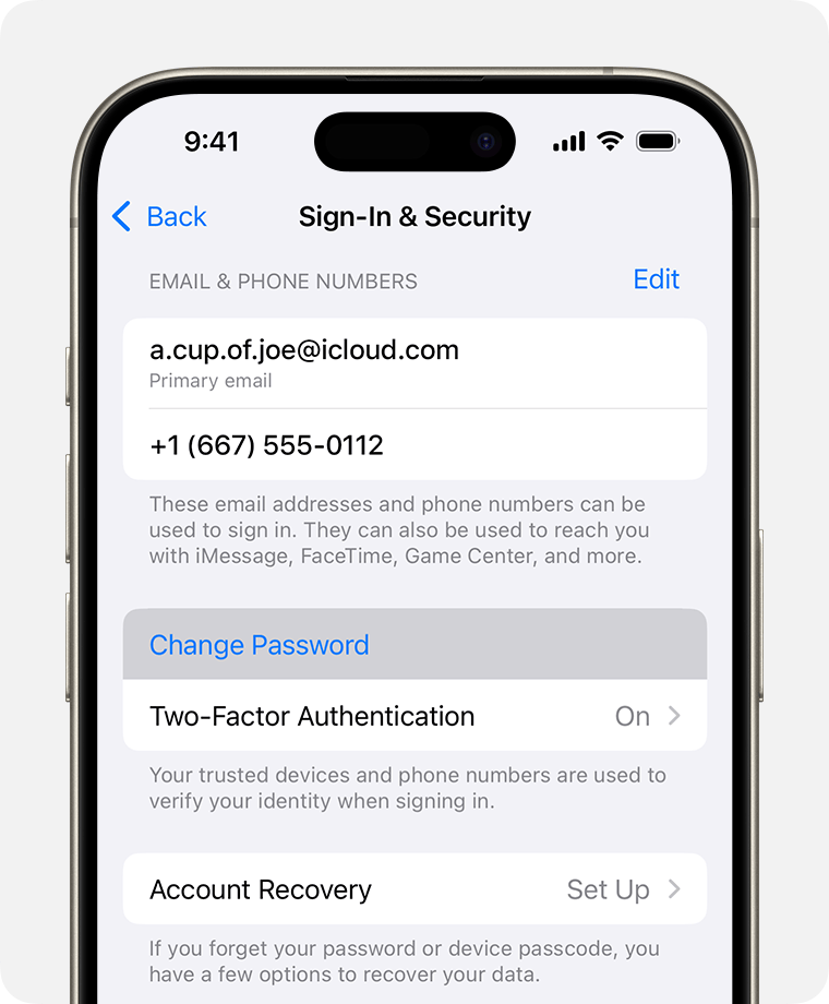 iPhone affichant le bouton Modifier le mot de passe dans Réglages