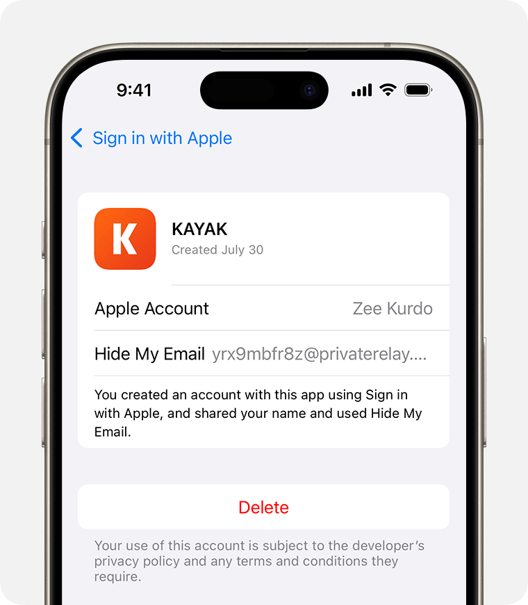 Ecrã do iPhone a mostrar o botão Apagar para parar de utilizar a funcionalidade Iniciar sessão com a Apple