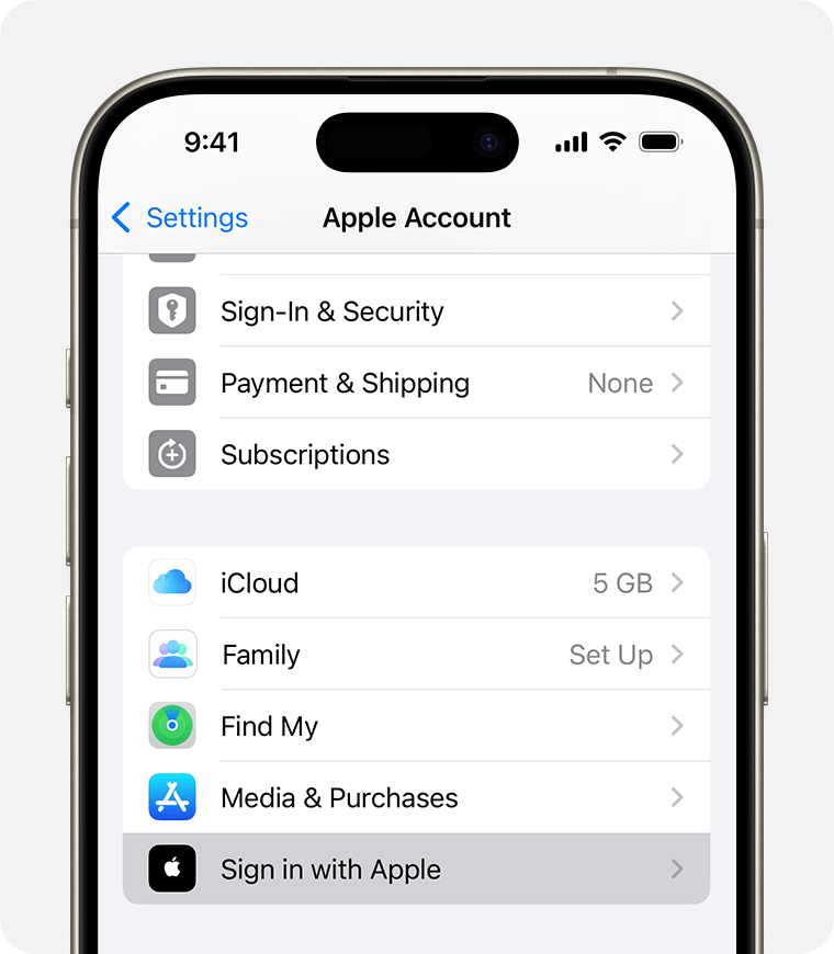 Pantalla de iPhone que muestra la ubicación de Configuración para Iniciar sesión con Apple