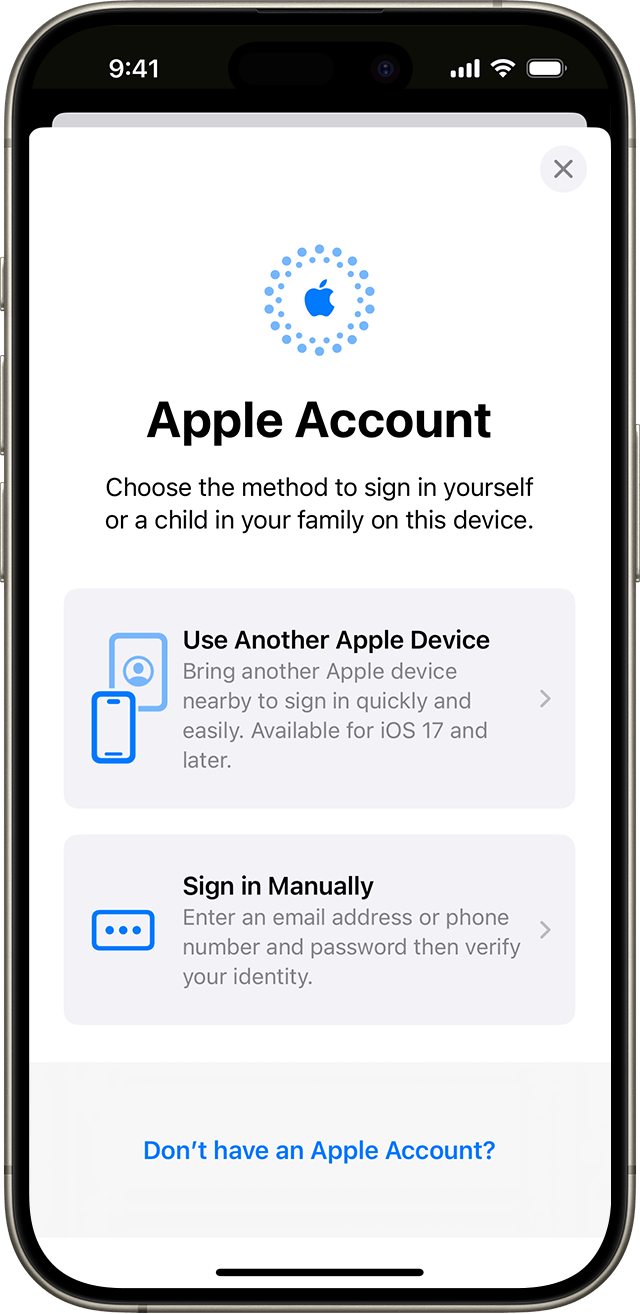 dans les réglages d’iPhone, vous pouvez vous connecter manuellement à l’aide de votre compte Apple ou utiliser un autre appareil Apple.