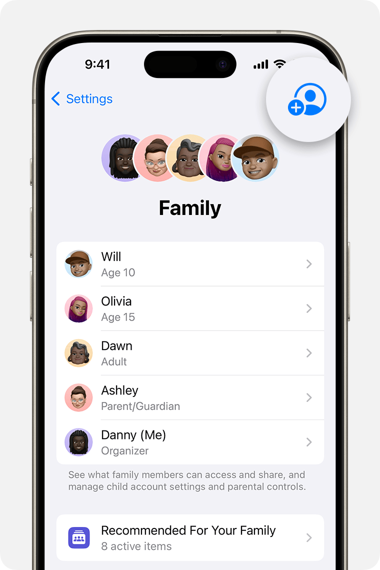 iPhone Settings showing Family settings, with the Add Member button highlighted