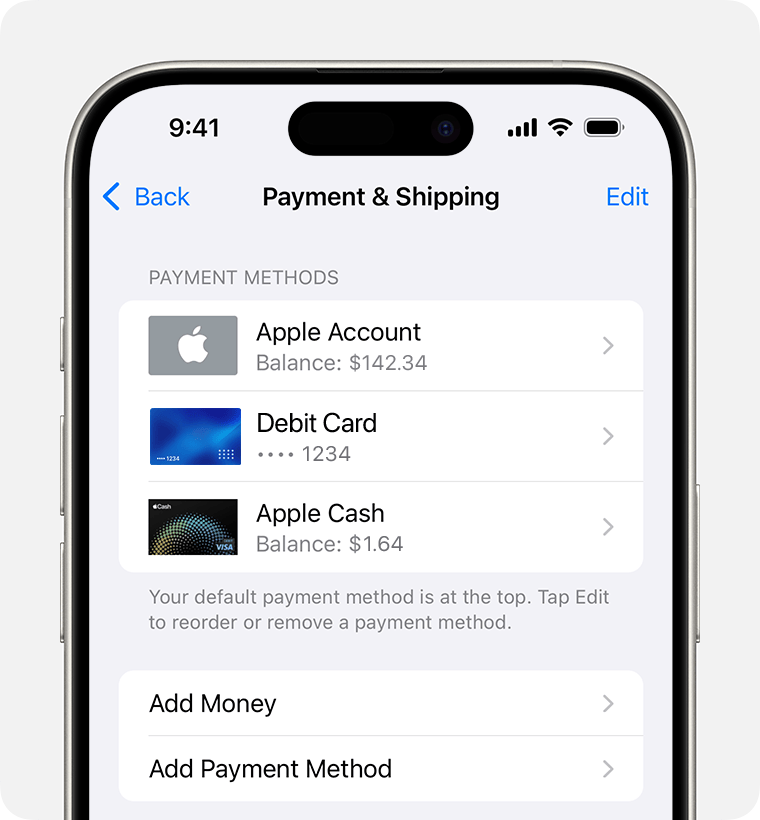 An iPhone screen showing the Payment & Shipping settings for Apple ...