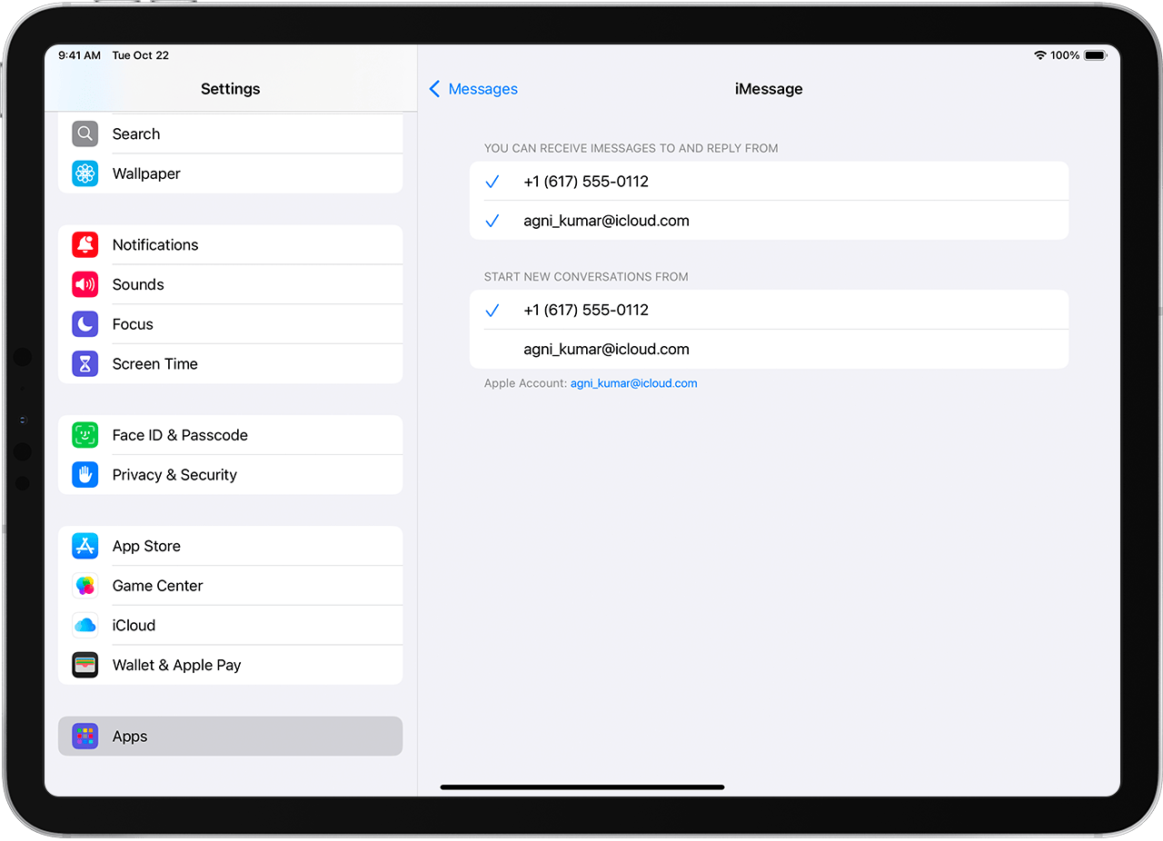 iPad displaying the iMessage settings screen with options to select which phone number or email address you'd like to use to receive iMessages, reply to iMessages, and start new conversations.