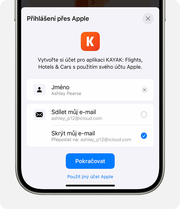 Přihlašovací obrazovka iPhonu s možnostmi Sdílet můj e-mail nebo Skrýt můj e-mail