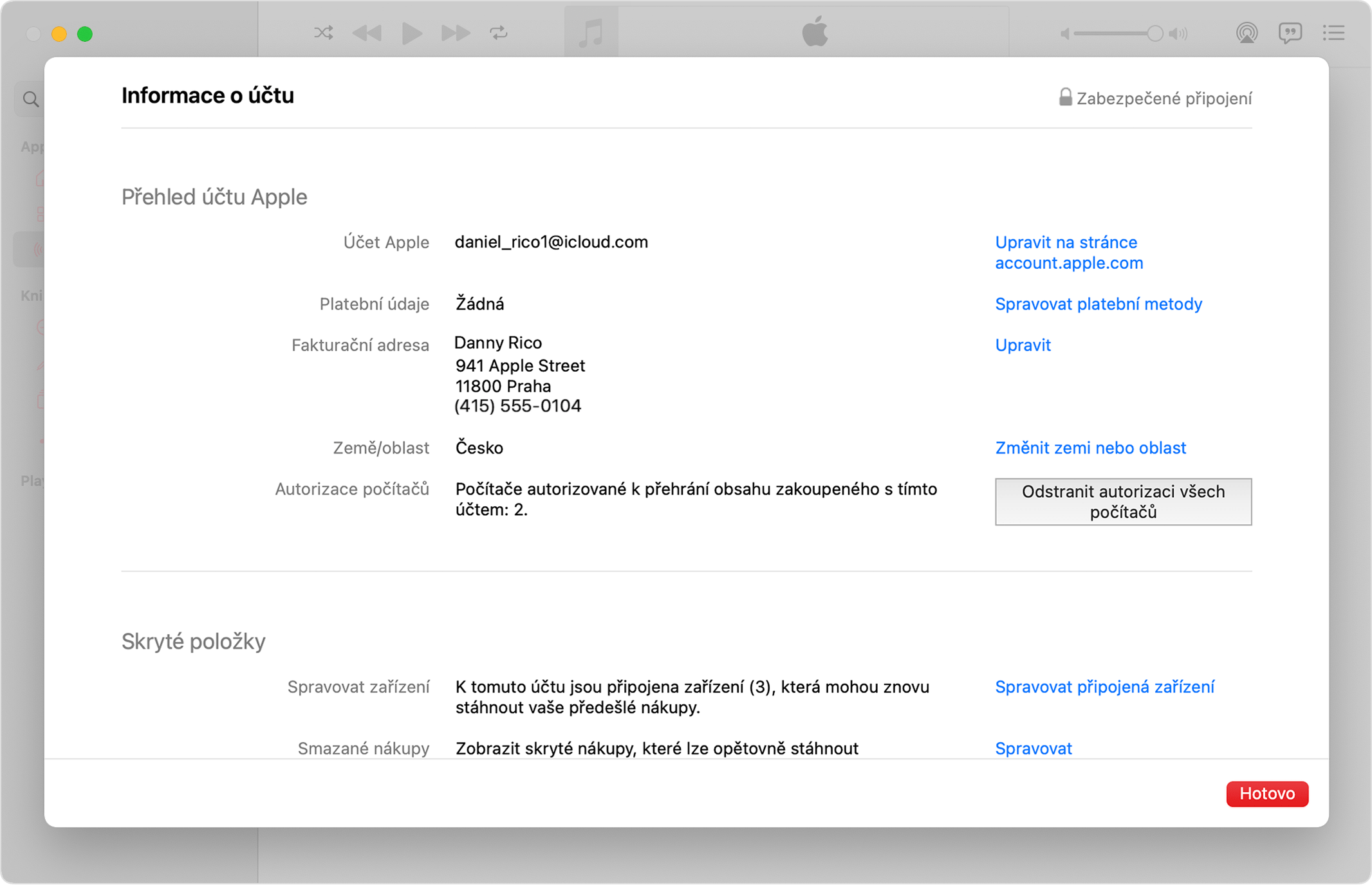 Aplikace Apple Music na Macu zobrazuje stránku s informacemi o účtu a tlačítko Deauthorize All