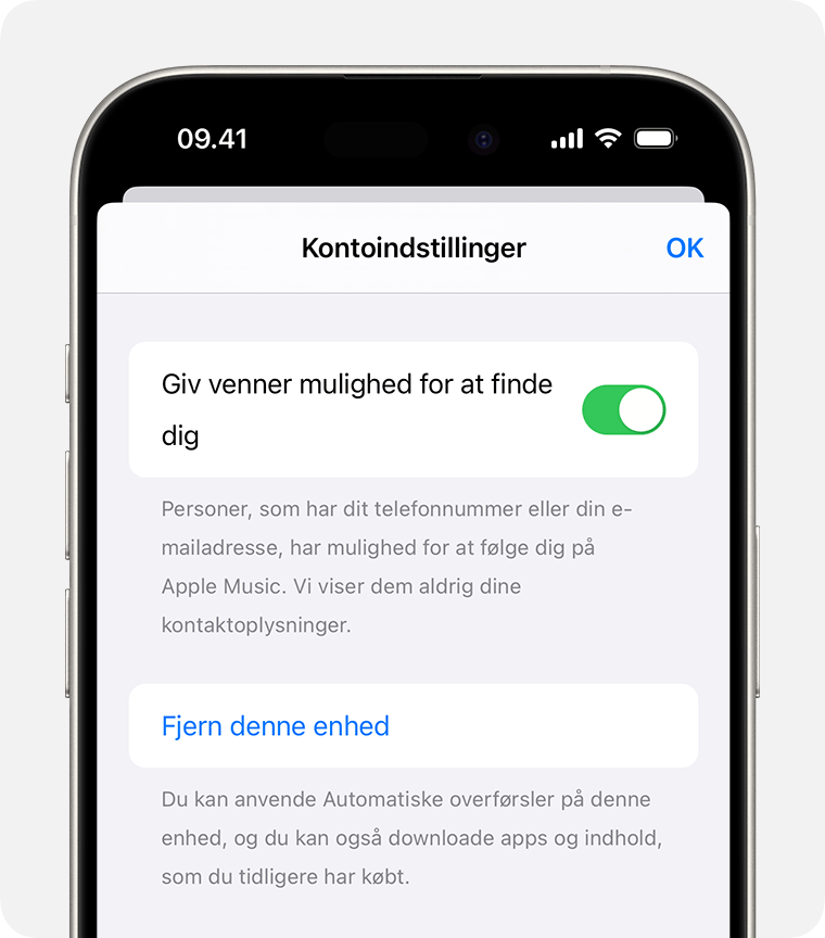 iPhone viser kontoindstillinger og muligheden for at fjerne denne enhed.