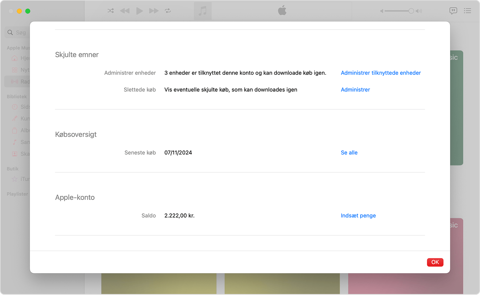 Appen Musik på Mac viser kontoindstillinger og mulighed for at administrere forbundne enheder.
