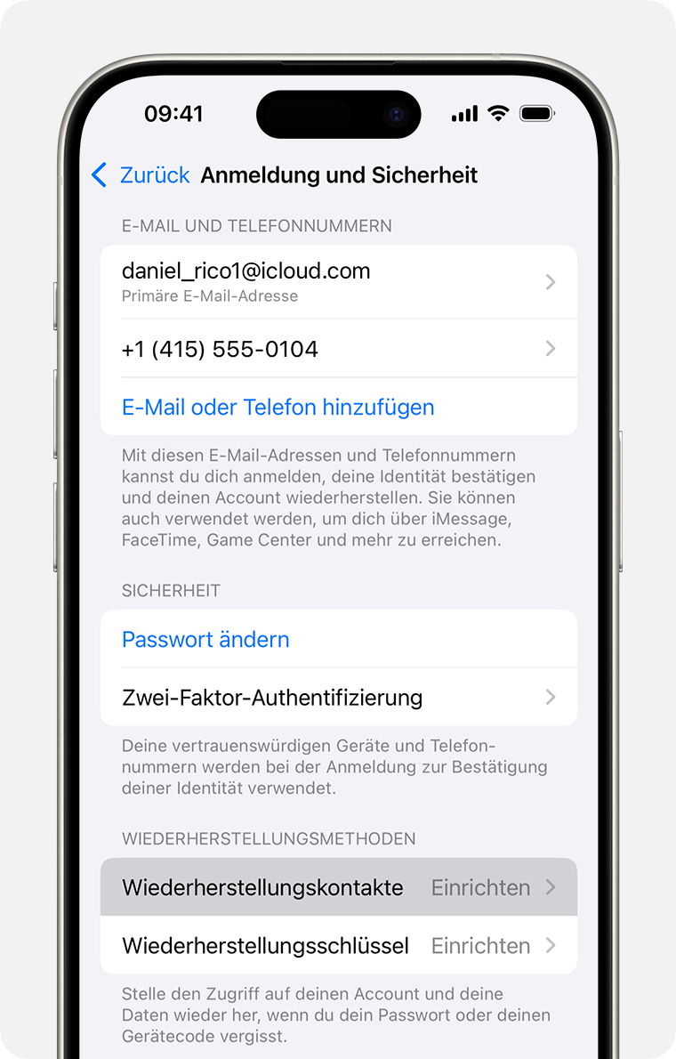 iPhone mit Apple Account-Einstellungen und wie man einen Kontakt für die Wiederherstellung hinzufügt