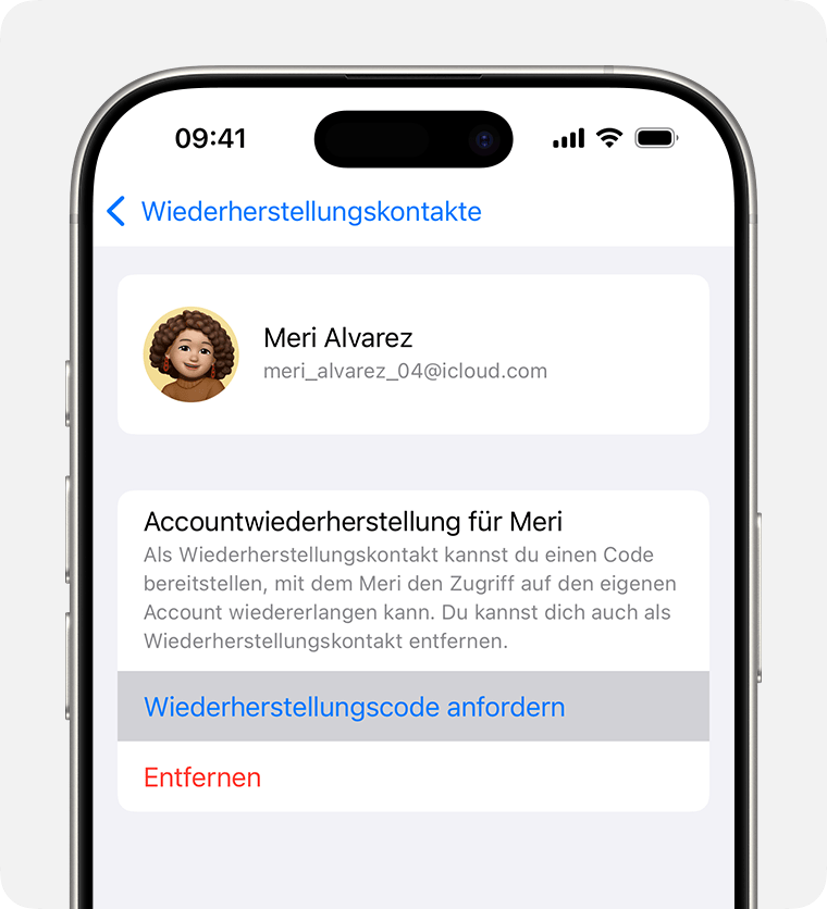 Wiederherstellungscode auf dem iPhone anfordern, um einem Freund oder Familienmitglied zu helfen, auf seinen Account zuzugreifen.