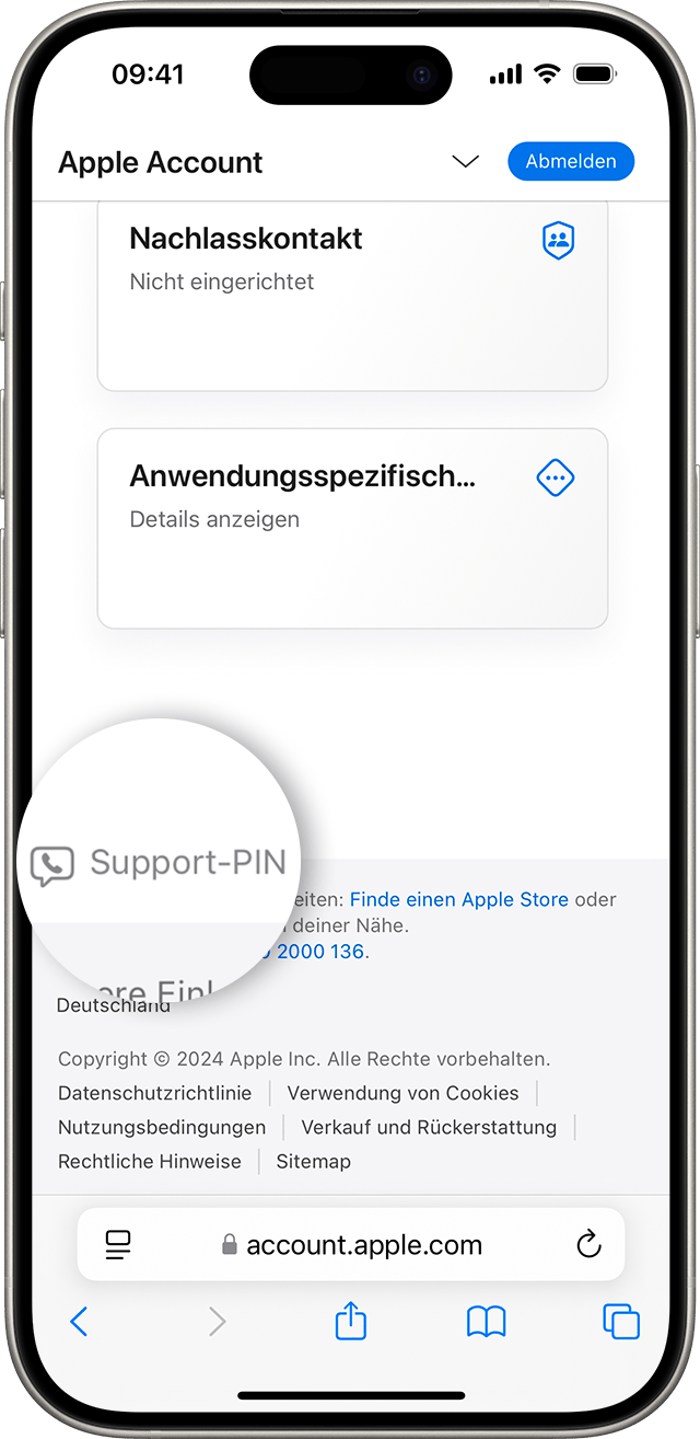 Tippe auf „Support-PIN“, um eine Support-PIN zu erstellen