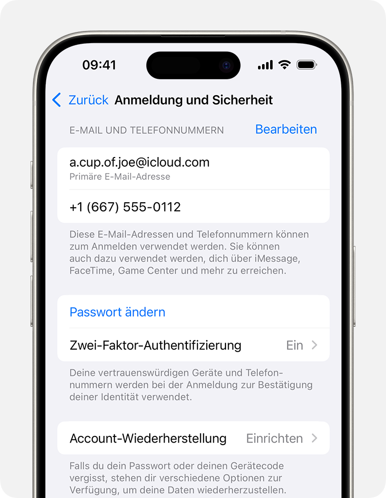 Suche in den Apple Account-Einstellungen die E-Mail-Adressen und Telefonnummern, die du für die Anmeldung bei deinem Apple Account verwenden kannst