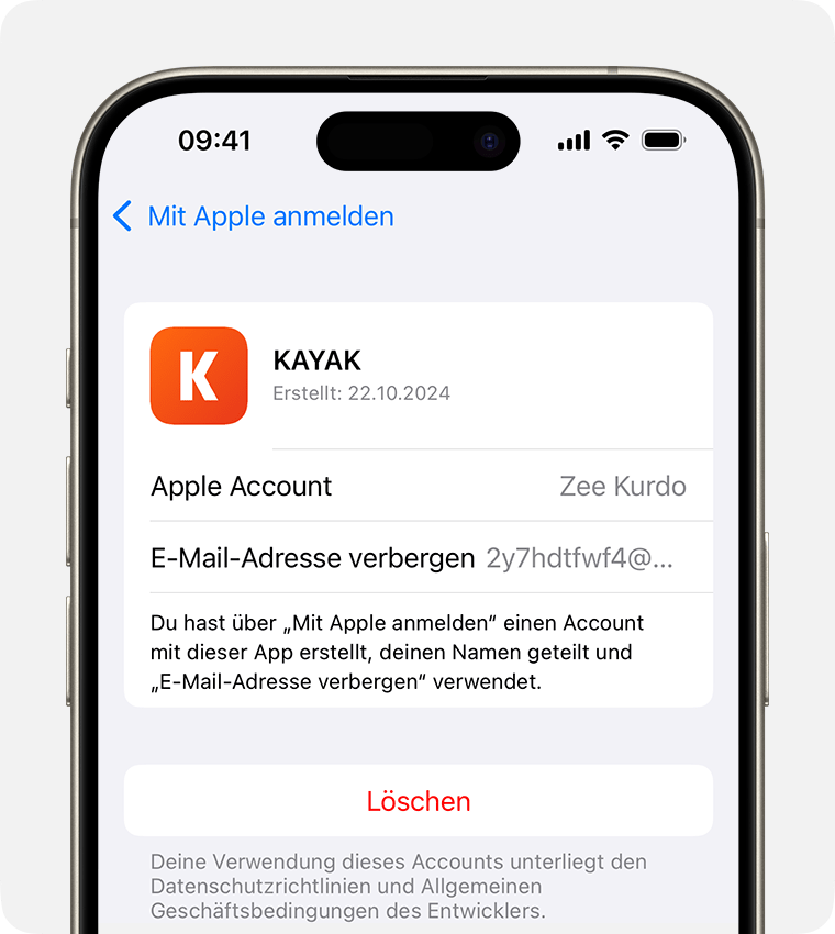 iPhone-Bildschirm, auf dem die Taste „Löschen“ gezeigt wird, um „Mit Apple anmelden“ nicht mehr zu verwenden