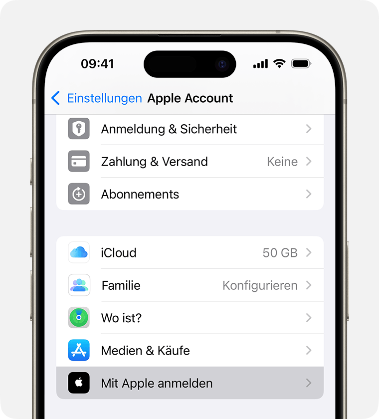 iPhone-Bildschirm mit den Einstellungen für „Mit Apple anmelden“