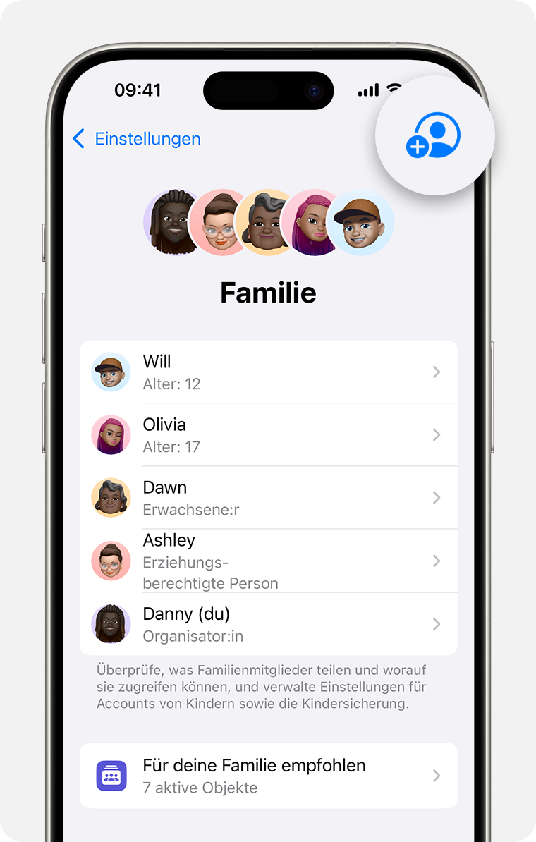 iPhone-Bildschirm mit den Schritten zum Hinzufügen eines Mitglieds zu deiner Familienfreigabegruppe.