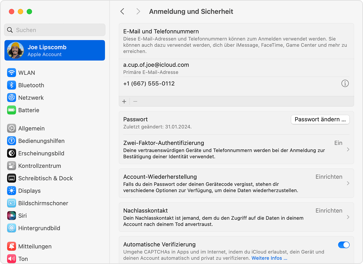 Suche in den Apple Account-Einstellungen auf dem Mac die E-Mail-Adressen und Telefonnummern, die du für die Anmeldung bei deinem Apple Account verwenden kannst