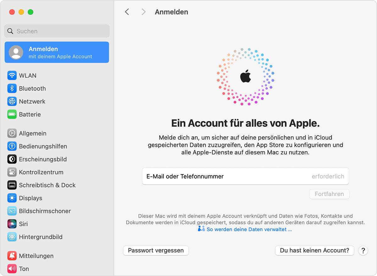 Mac Bildschirm mit der Taste „Noch kein Account?“