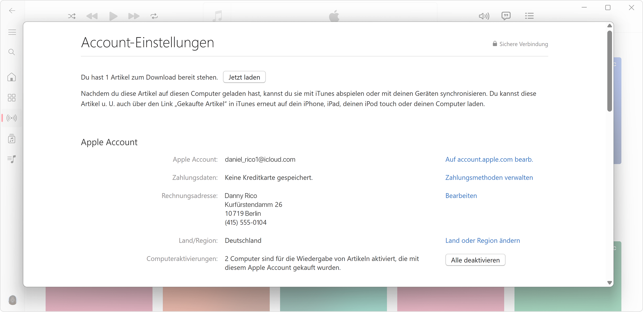 Apple Music-App für Windows-PC, die die Seite „Kontoinformationen“ und die Anzahl der autorisierten Computer anzeigt