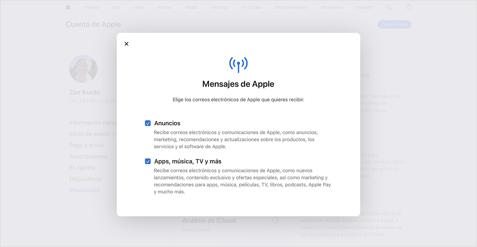El sitio web de la cuenta de Apple donde puede verse a qué tipo de correos electrónicos puedes suscribirte