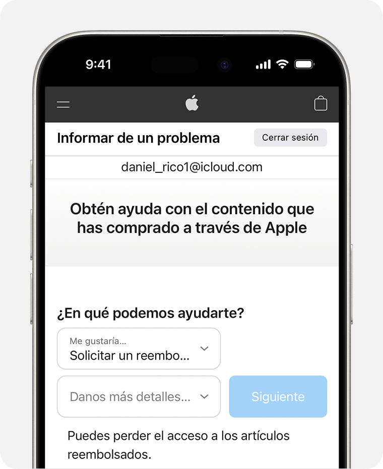 iPhone que muestra el sitio web Señalar un problema, en el que puedes solicitar un reembolso. Después de elegir Solicitar un reembolso, elige el motivo por el que solicitad el reembolso.