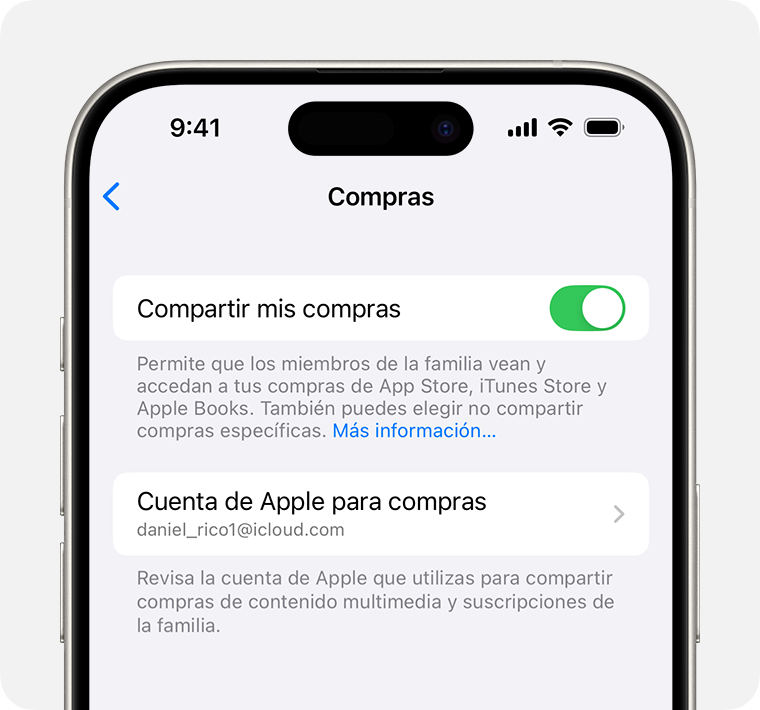 Pantalla de iPhone en la que se puede ver cómo activar Compartir compras.