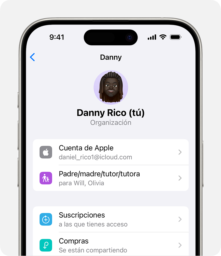 Pantalla de iPhone en la que se puede ver una cuenta de Apple para un organizador de la familia.