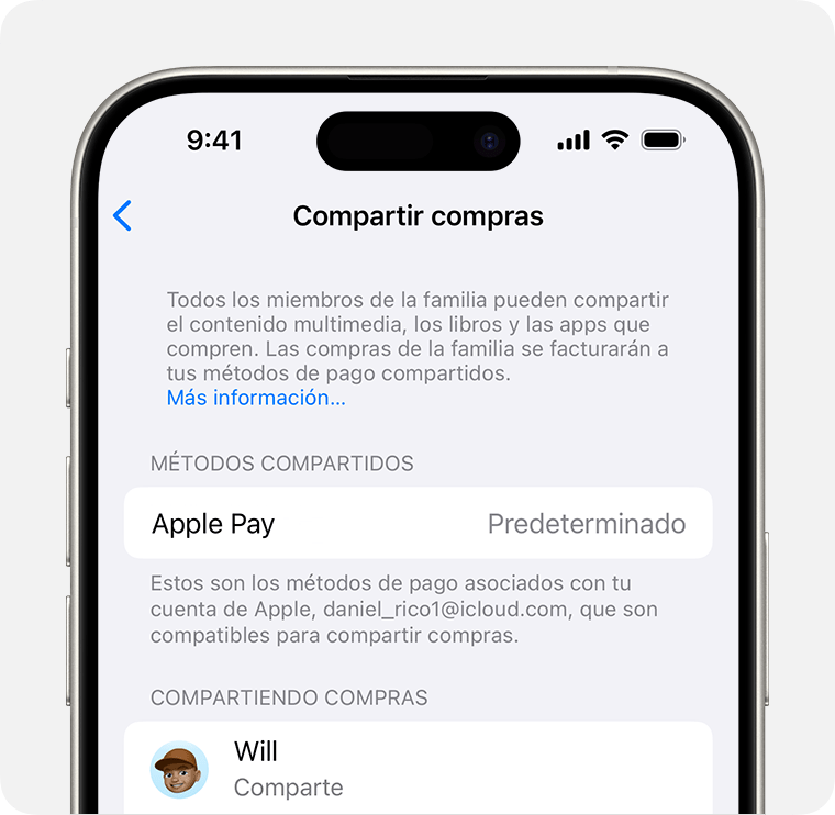 Pantalla del iPhone que muestra el método de pago para Compartir compras.