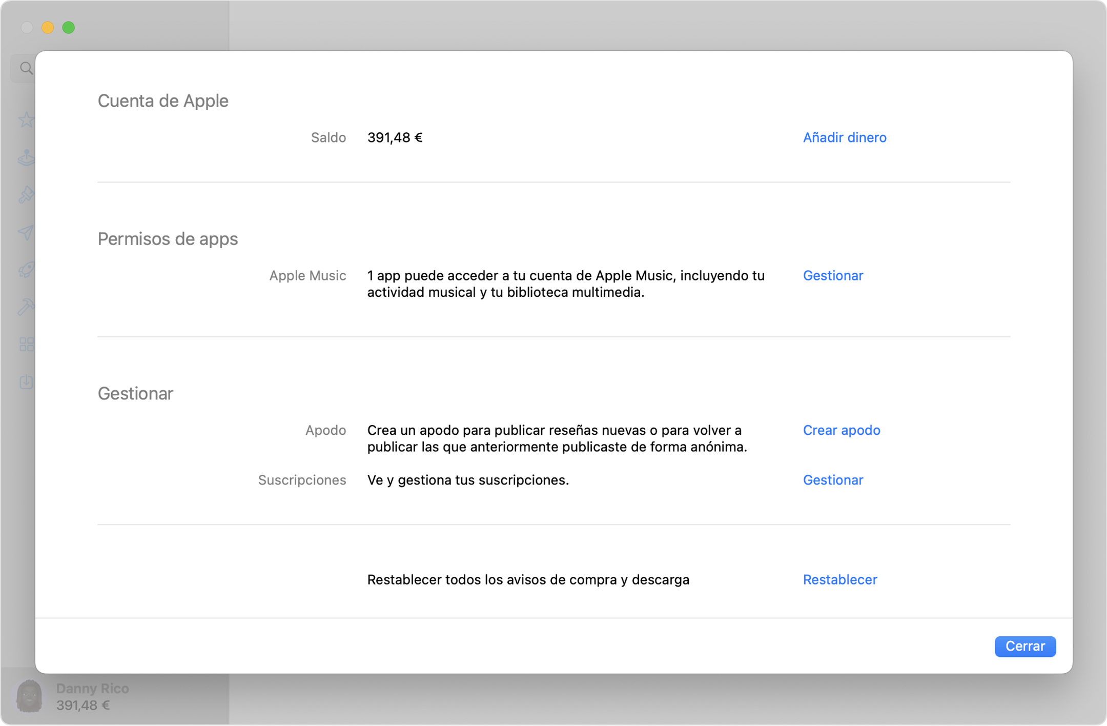 Ajustes de la cuenta de Apple en el App Store del Mac.