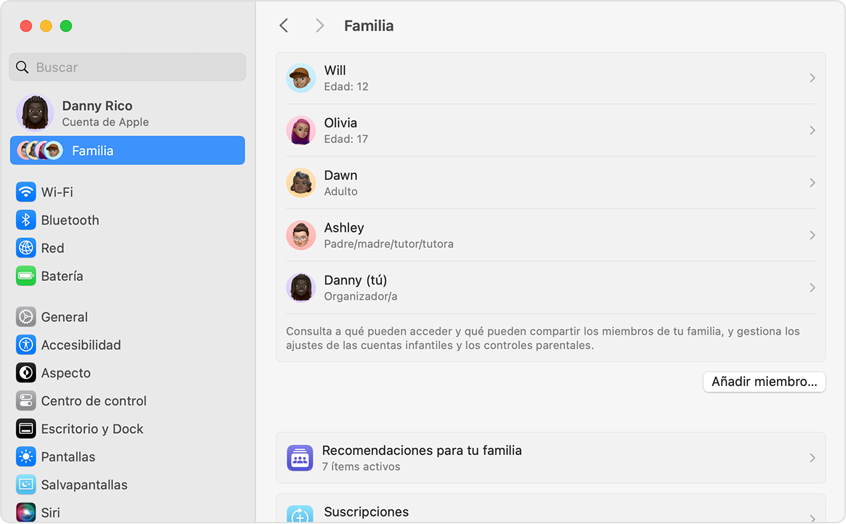 Ajustes del sistema Mac donde se muestra la configuración de En familia, incluido el botón para añadir un miembro