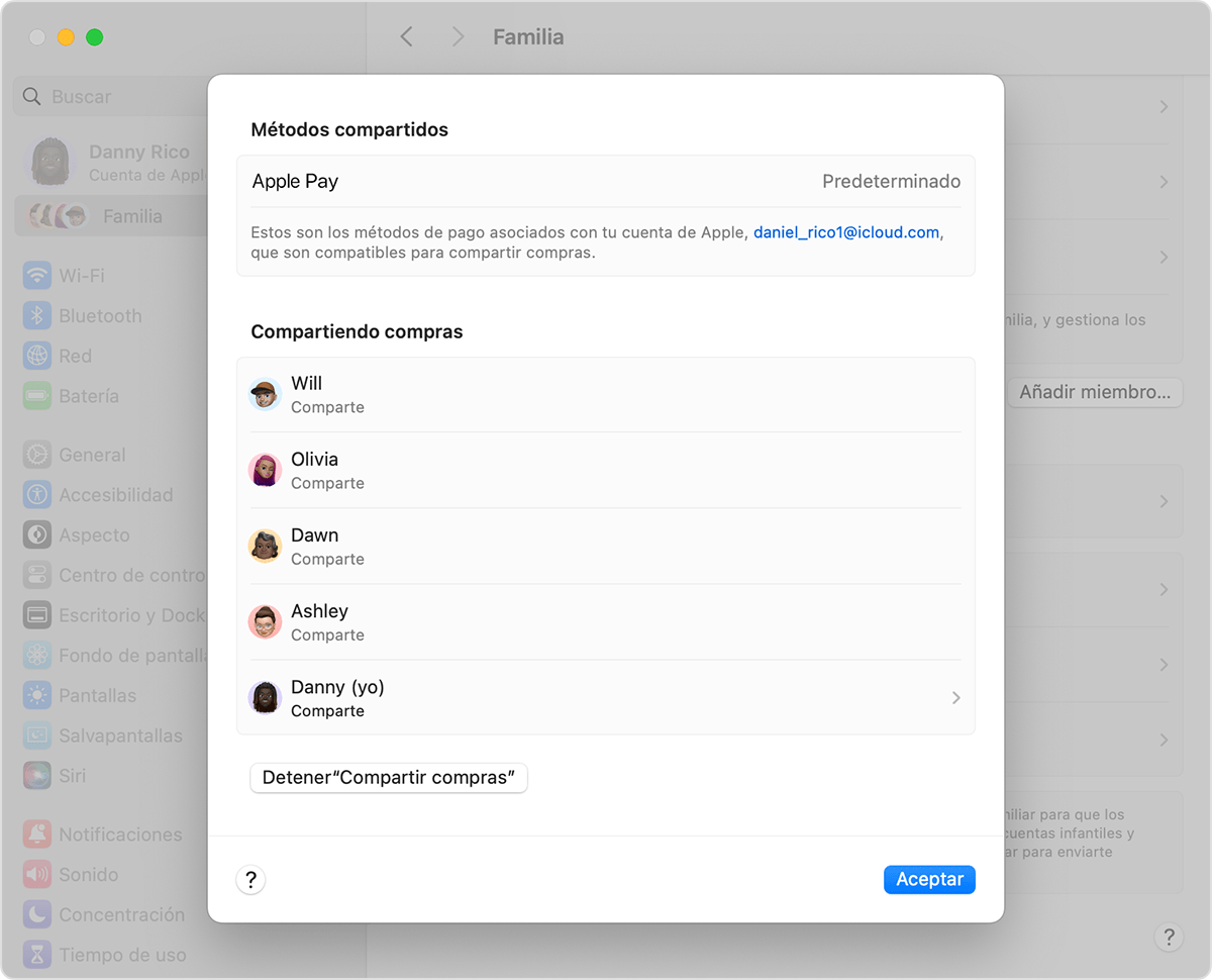 Pantalla del Mac que muestra los métodos de pago compartidos para Compartir compras.