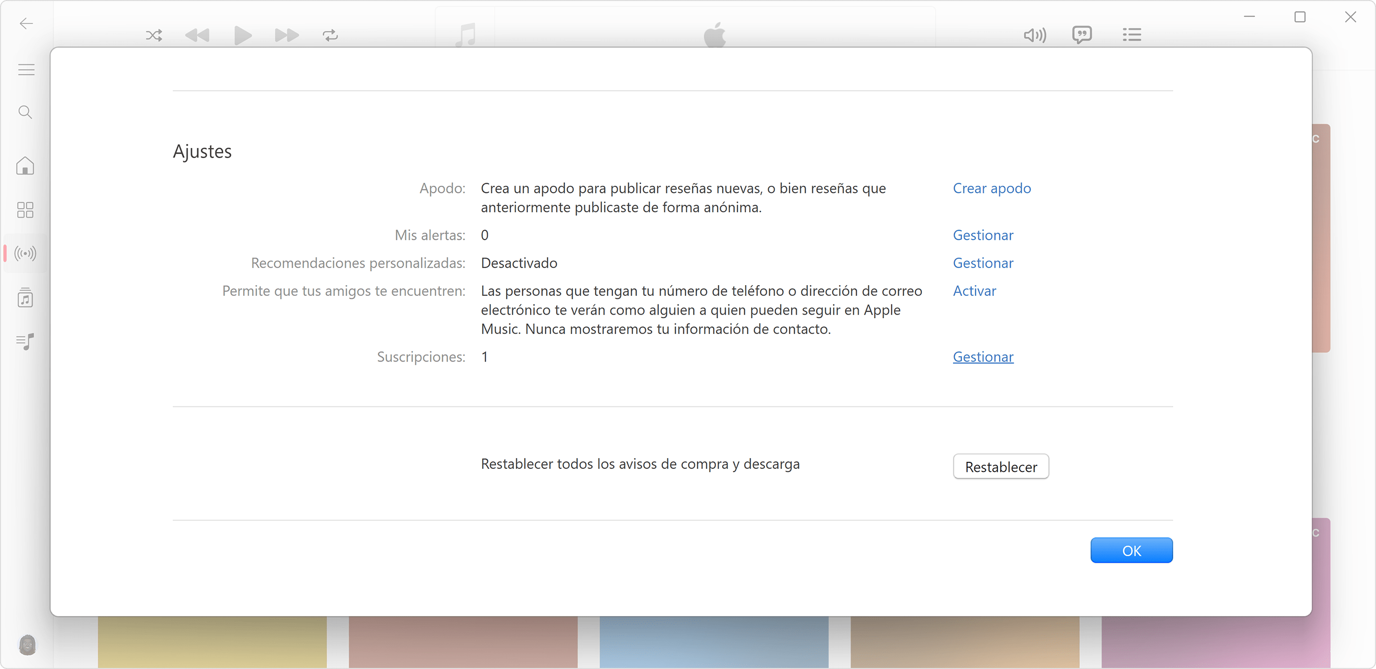 Ajustes de la cuenta de Apple en la app Apple Music para Windows.