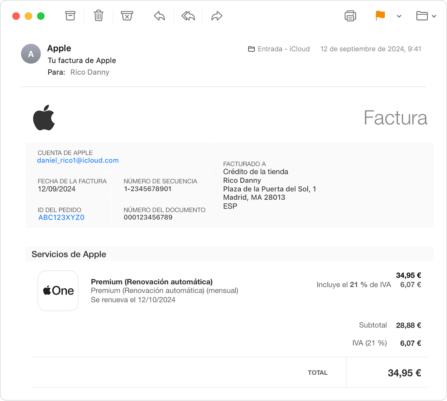 Una imagen que muestra un recibo de Apple en una bandeja de entrada de iCloud Mail.