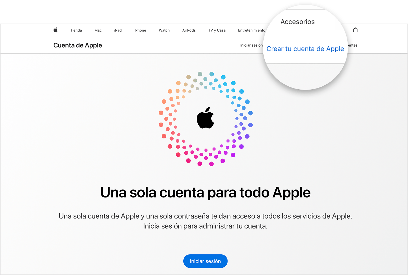 Pantalla del sitio web en la que se muestra el enlace para crear la cuenta de Apple