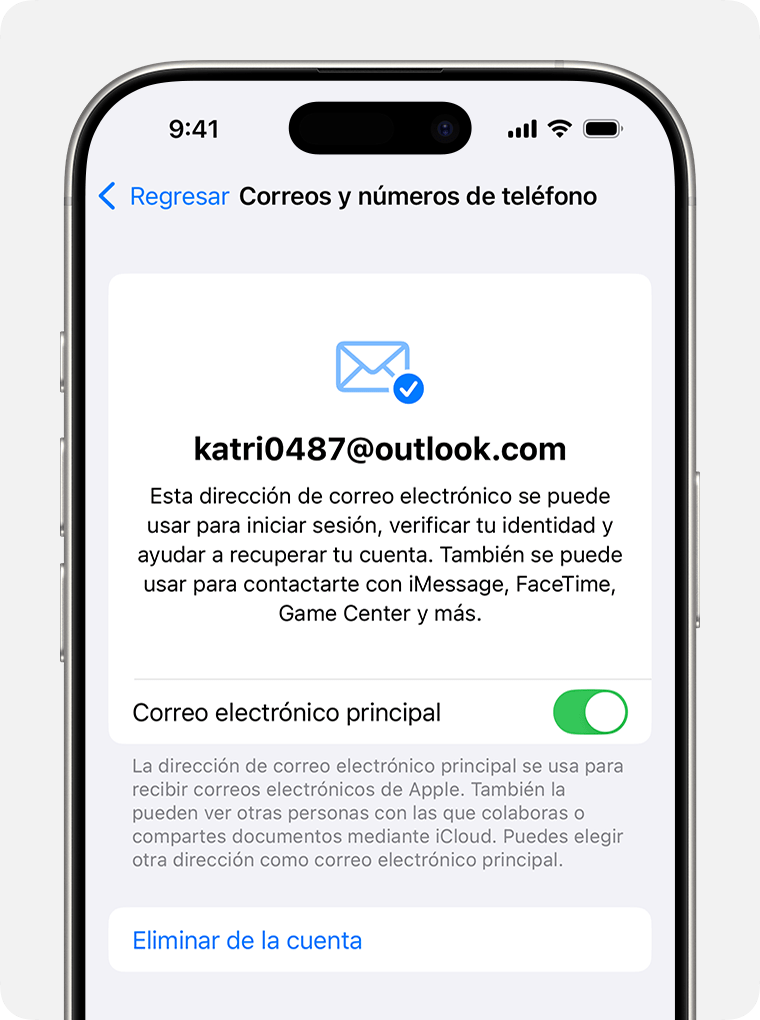 Un iPhone en el que se muestra la configuración de la cuenta de Apple y las opciones para cambiar una dirección de correo electrónico principal