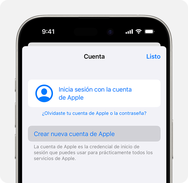 Pantalla del iPhone en la que se muestra la opción de crear una cuenta de Apple nueva