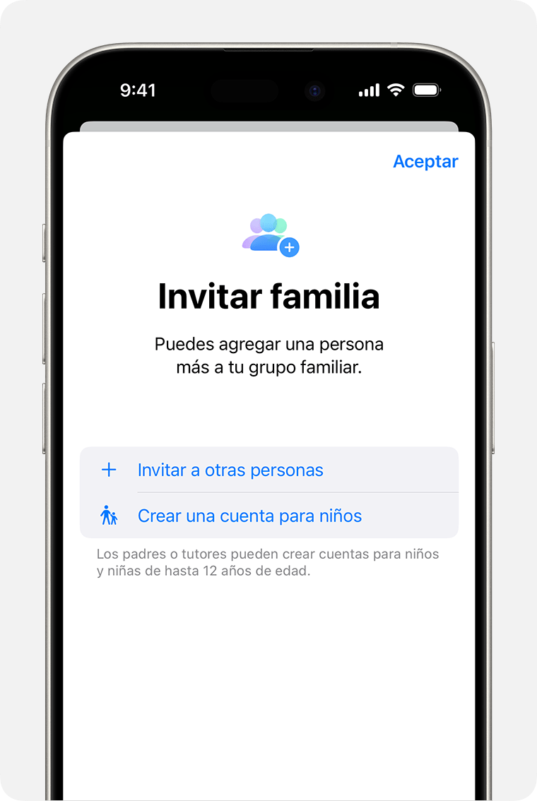 iPhone en el que se muestra una invitación de Compartir en familia, incluida la opción de Crear una cuenta para niños