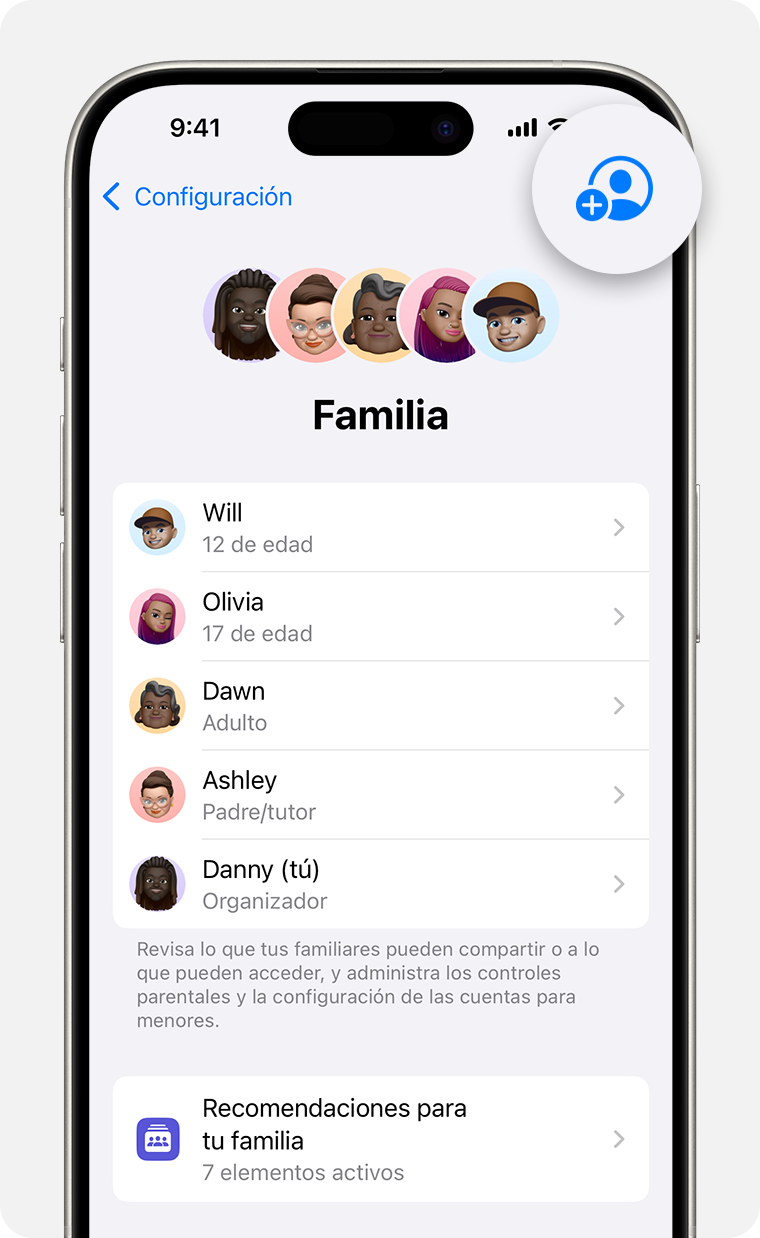 Configuración de iPhone en el que se muestra la configuración de Familia y el botón Agregar miembro destacado