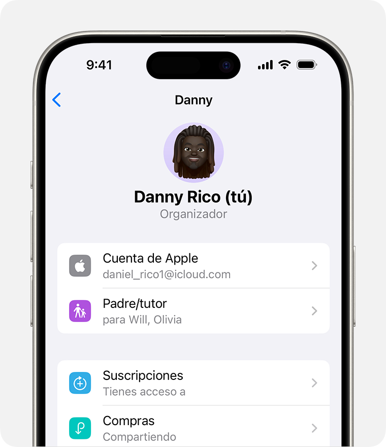 Pantalla de iPhone en la que se muestra una cuenta de Apple para un representante de la familia.