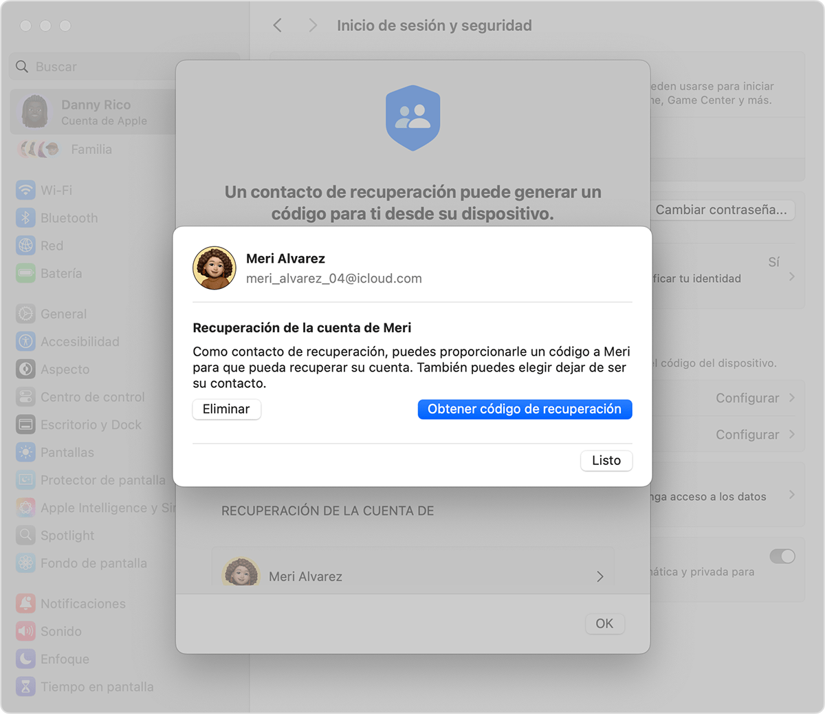 En la Mac, obtén el código de recuperación para un amigo o familiar.