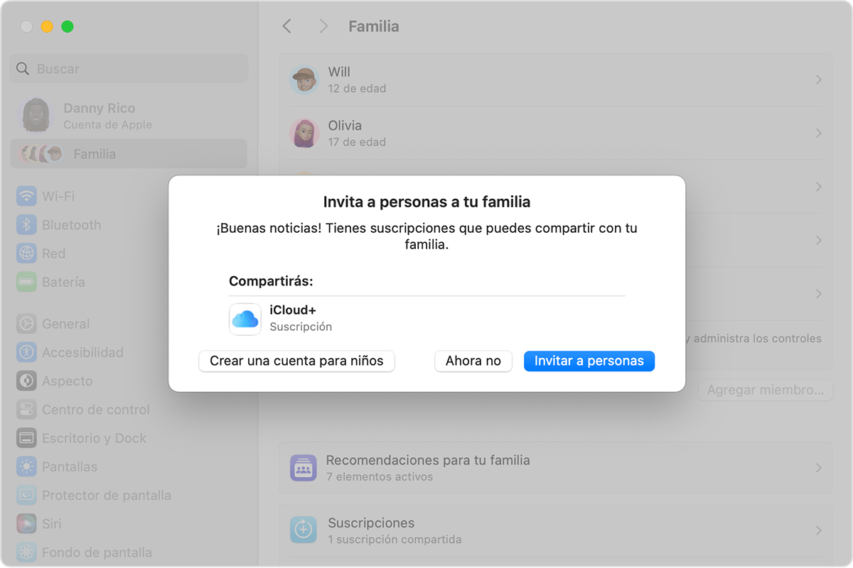 Configuración del Sistema de la Mac en donde se muestra una invitación a Compartir en familia y el botón Crear una cuenta para niños