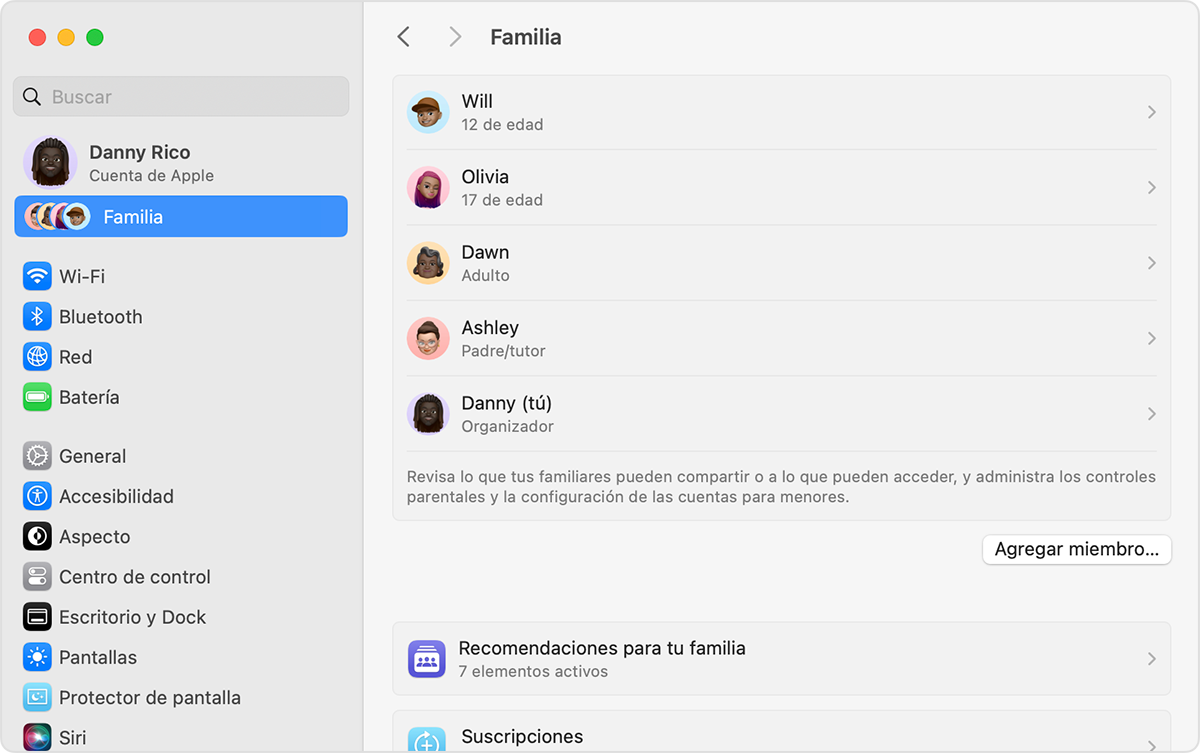 Configuración del Sistema de la Mac en donde se muestra la configuración de Familia, incluido el botón de Agregar miembro