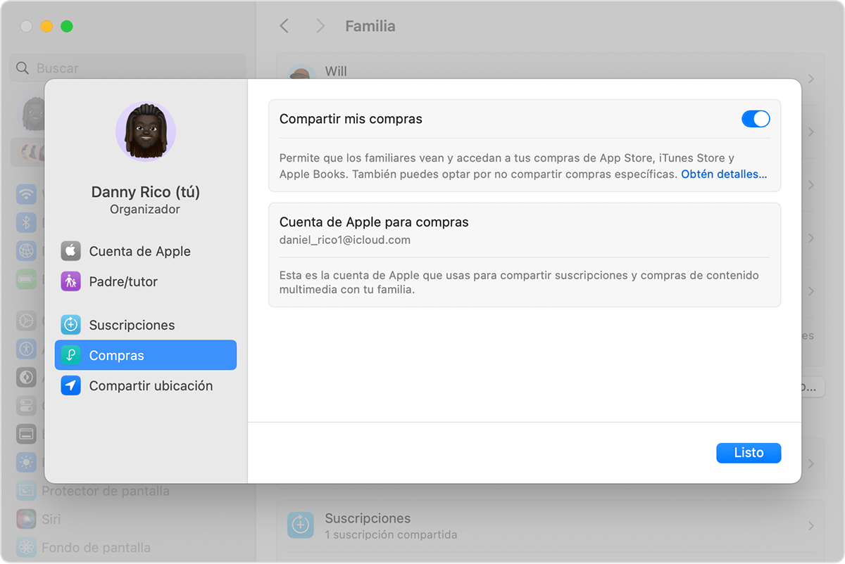 Una pantalla de Mac en la que se muestra cómo activar Compartir mis compras.