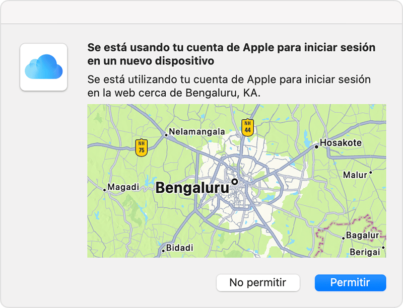 Mapa con Washington, DC, destacado de forma prominente. La leyenda indica que se está usando una cuenta de Apple para iniciar sesión en Internet cerca de Ashburn, VA.